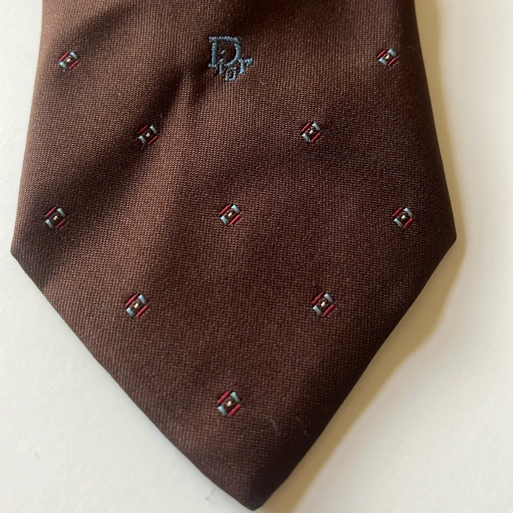 Christian Dior Brown NeckTie with Blue Emblem and Blue, Red & Gold Design - Picture 2 of 6